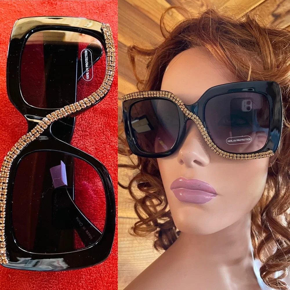 Fabulous New Gold RHINESTONE Embellished Oversized Square SUNGLASSES